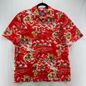 VECTOR Shirt Mens L Button Up Short Sleeves Retro Hawaiian Beach Breathable Red
